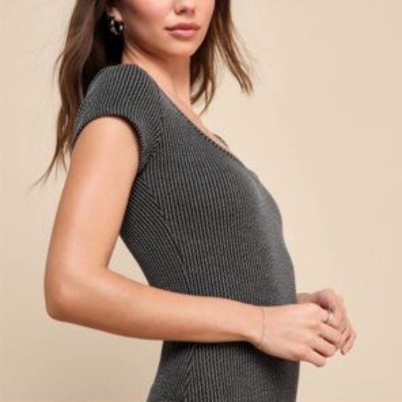 Lulus Casually Essential Charcoal Gray Ribbed Cap Sleeve Bodysuit - Size XL - Picture 1 of 5